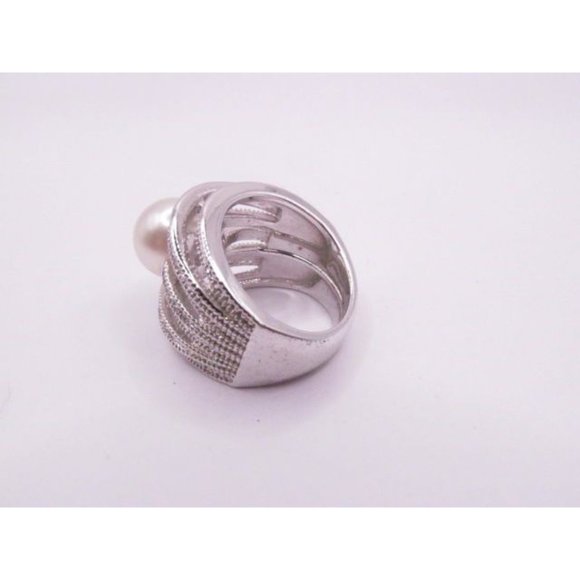 Faux Pearl 7 Tier Band Rhinestone Cocktail Ring signed NVC - Picture 10 of 14